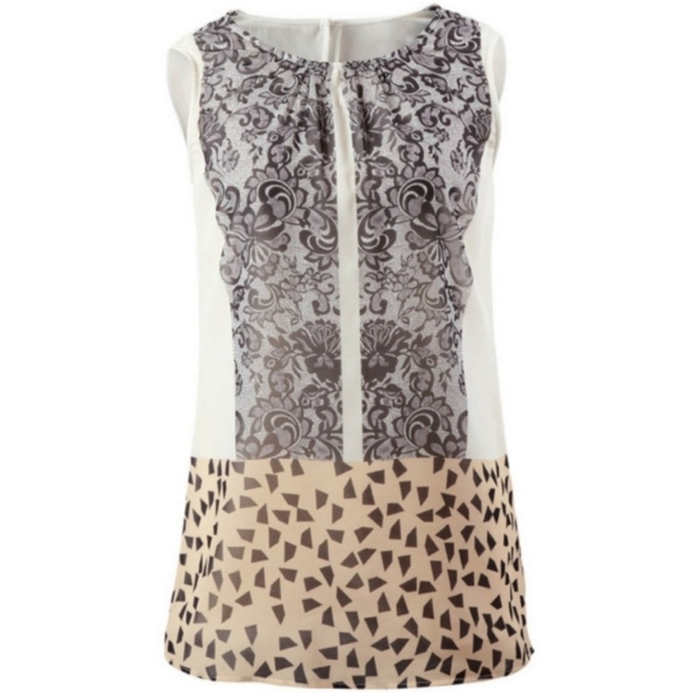 Cabi Rosewater and White Ladylike Sleeveless Patterned Top